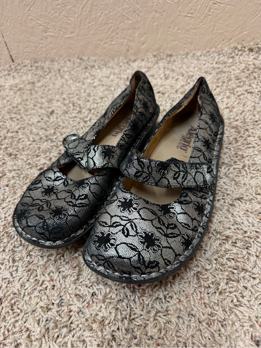Alegria Silver Floral Lace Mary Jane Flats